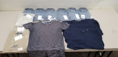13 PIECE MIXED SUIT CLOTHING LOT CONTAINING SUIT CREW NECK JUMPER, SUIT CREW NECK T SHIRTS, SUIT LIGHT BLUE FORMAL SHIRT, SUIT NAVY BLAZER T SHIRTS ETC