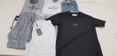 17 PIECE MIXED BELIRE PARIS CLOTHING LOT CONTAINING CREW NECK T SHIRTS IN VARIOUS STYLES AND COLOURS, CHEQUERED JOGGING BOTTOMS, CHEQUERED TRACK TOP AND DENIM JEANS ETC