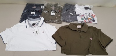 20 PIECE MIXED GUESS CLOTHING LOT CONTAINING WHITE POLO SHIRTS, BLACK POLO SHIRTS, KHAKI POLO SHIRTS, GREY POLO SHIRTS, NAVY POLO SHIRTS AND RED CREW NECK T SHIRTS ETC