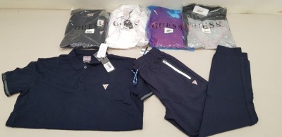 20 PIECE MIXED GUESS CLOTHING LOT CONTAINING NAVY POLO SHIRTS, JOGGING BOTTOMS, BLACK POLO SHIRTS, RED POLO SHIRTS AND WHITE POLO SHIRTS ETC