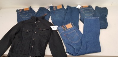 10 PIECE MIXED JEAN LOT CONTAINING 9 X BRAND NEW LEVIS JEANS IN VARIOUS STYLES AND SIZES AND 1 X LEVIS JACKET SIZE SMALL