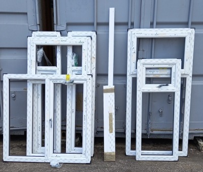 6 X BRAND NEW NEW UPVC WINDOW FRAMES ALL DIFFERENT SIZES TO INCLUDE (117CM W 117CK L ) ( 56CM W 136 CM L ) ( 39CM W 172CM)(86 CM W 167 CM L ) AND (86CM W 173 CM L ) W-WIDTH L - LENGTH