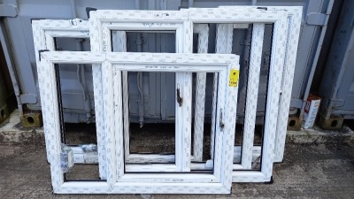 5 X BRAND NEW UPVC WINDOW FRAMES IN DIFFERENT SIZES TO INCLUDE ( 55CM W- 115CM L ) ( 114CM W- 120CM L ) ( 105 CM W -118 CM L )(92 CM W- 117CM L ) AND ( 56 CM W - 115 CM L ) W-WIDTH L - LENGTH