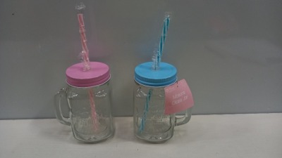 120 X BRAND NEW HOME COLLECTION MASON GLASS JARS WITH COLOUR CO ORDINATED LID AND STRAW IN 10 BOXES