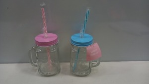 120 X BRAND NEW HOME COLLECTION MASON GLASS JARS WITH COLOUR CO ORDINATED LID AND STRAW IN 10 BOXES