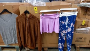 500+ BRAND NEW ASSORTED ITEMS OF CLOTHING ( MAINLY WOMANS ITEMS ) TO INCLUDE SKIRTS , PANTS , SWEATERS , QUARTER ZIP HOODIES , CORSETS ETC IN VARIETY OF COLOURS AND SIZES