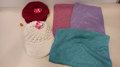 741 X MIXED LOT TO INCLUDE ADAMS GIRL RED BERET , KNITTED WHITE BERET , AND LIGHT WEIGHT SUMMER SCRARFS IN 3 DIFFERENT COLOURS