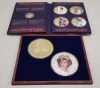 2 X DIANA COMMERATIVE PRESENTATION BOXES IE. SET OF 2 LARGE COMMEMORATIVE COPPER GOLD PLATED COINS SUPREME GOVERNOR OF THE CHURCH OF ENGLAND & DIANA PRINCESS OF WALES - A WIFE. PLUS SET OF 4 LARGE AND 1 SMALL COMMEMORATIVE COINS PRINCESS DIANA - PORTRIATS