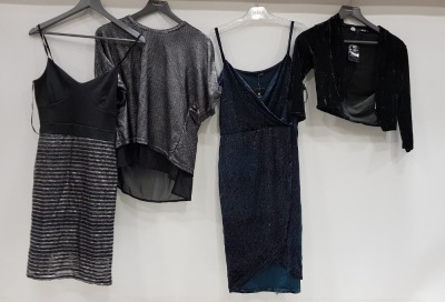 25 PIECE MIXED DRESS LOT CONTAINING QUIZ GUN METAL DRESS, QUIZ GLITTER TOPS AND BLACK CRUSH VELVET CROP JACKET ETC