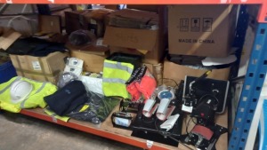 FULL BAY LOT TO INCLUDE HARD HAT , HI -VIS JACKET , FULL ZIP FLEECE JACKET , HEAT PRESS MACHINE ( INCOMPLETE ) , PACKARD BELL MONITER AND KEYBOARD , CHIN GUARD , SHIRTS , PAPER SHREDDER , AND PORTWEST 3 PLY FACE MASKS ETC