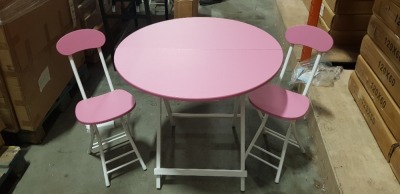 4 X PINK COLOURED ROUND TABLES DIAMETER 80CM AND 8 X OAK FOLDABLE CHAIRS (NOTE: FACTORY GRADED SOME VENEER LIFTING, SCUFFS OR SCRATCHES) - 4 BOXES FOR TABLES, 4 BOXES FOR CHAIRS (PACKED 2 PER BOX)