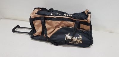 11 X BRAND NEW LONSDALE MTK CLUB TRAIL HOLDALL WITH WHEELS IN BLACK AND GOLD