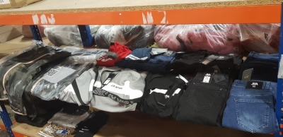 16 PIECE MIXED CLOTHING LOT CONTAINING K-WAY JACKETS, SUCCEED T SHIRTS, JKA TRACKSUIT TOP, JKA DENIM JEANS IN BLACK AND BLUE ETC