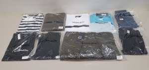 20 PIECE MIXED CLOTHING LOT CONTAINING NIMES DENIM JEANS, MARSHALL ARTIST CREWNECK JUMPER, MARSHALL ARTIST HALF ZIP JUMPER, MARSHALL ARTIST POLO SHIRTS AND NIMES DENIM JEANS IN BLUE AND BLACK ETC