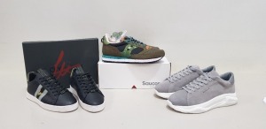 8 PIECE MIXED SHOE LOT CONTAINING SAUCONY ORIGINALS JAZZ 81 PESTO AND BLACK COLOURED TRAINERS 3 X UK SIZE 8, 1 X SHADOW 5000 GREY AND YELLOW TRAINERS UK SIZE 9, SHADOW 6000 YELLOW AND NAVY TRAINERS UK SIZE 8 AND ORIGINAL PADMORE AND BARNES SUEDE SHOES SIZ