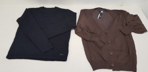 20 PIECE MIXED CLOTHING LOT CONTAINING 13 X HEARTBREAK CHOCOLATE BROWN OVERISZED CARDIGAN SIZE 10 AND 7 X ONLY & SONS CREWNECK KNITTED JUMPERS IN BLACK SIZE XL
