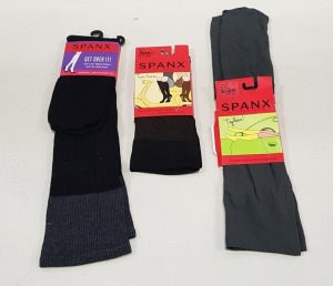 75 PIECE MIXED SPANX SOCK LOT CONTAINING TOPLESS TROUSER SOCKS IN GREY, REVERSIBLE TROUSER SOCKS, RIBBED OVER THE KNEE SOCKS ETC