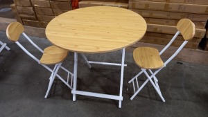 4 X OAK COLOURED ROUND TABLES DIAMETER 80CM AND 8 X OAK FOLDABLE CHAIRS (NOTE: FACTORY GRADED SOME VENEER LIFTING, SCUFFS OR SCRATCHES) - 4 BOXES FOR TABLES, 4 BOXES FOR CHAIRS (PACKED 2 PER BOX)