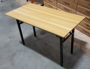 4 X BOXED SILVER PINE COLOURED FOLDABLE RECTANGULAR TABLES 120CM X 60CM (SOME MINOR SCUFFING)