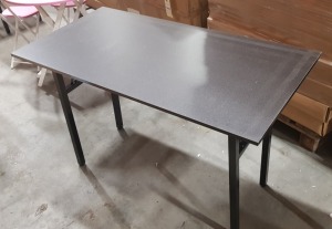 4 X BOXED DARK WALNUT COLOURED FOLDABLE RECTANGULAR TABLES 120CM X 60CM (SOME MINOR SCUFFING)