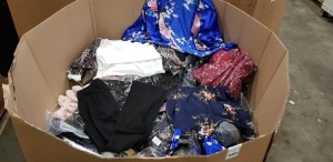 500 + PIECE MIXED CLOTHING LOT CONTAINING FLORAL PRINT TOPS, QUARTER ZIP FUR JUMPERS, POLKADOT TOPS, LONG SLEEVE ANIMAL PRINT TOPS AND BLACK PANTS ETC