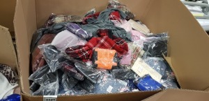 500 + PIECE MIXED CLOTHING LOT CONTAINING FLORAL PRINT TOPS, QUARTER ZIP FUR JUMPERS, POLKADOT TOPS, LONG SLEEVE ANIMAL PRINT TOPS AND BLACK PANTS AND RED CHEQUERED SCARFS AND BACKSTRAPS ETC