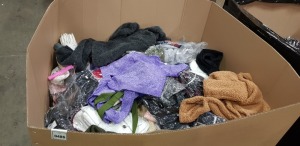 500 + PIECE MIXED CLOTHING LOT CONTAINING QUARTER ZIP FUR JUMPERS, POLKADOT TOPS, WHITE BUTTONED DRESSES, LONG SLEEVE ANIMAL PRINT TOPS AND BLACK PANTS AND RED CHEQUERED SCARFS AND BACKSTRAPS ETC