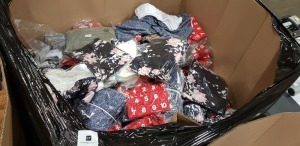 500 + PIECE MIXED CLOTHING LOT CONTAINING QUARTER ZIP FUR JUMPERS, POLKADOT TOPS, CHRISTMAS CALENDER STOCKING, WHITE BUTTONED DRESSES, WHITE AND GREY JOGGERS, LONG SLEEVE ANIMAL PRINT TOPS AND BLACK PANTS AND RED CHEQUERED SCARFS AND BACKSTRAPS ETC