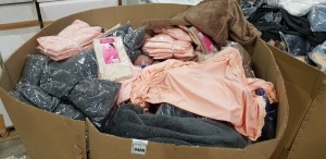 500 + PIECE MIXED CLOTHING LOT CONTAINING CREWNECK FUR JUMPERS IN GREY AND BROWN, VARIOUS CORSETTES, PINK OPEN SHOULDER DRESS AND BLUE DRESSES ETC