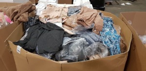 500 + PIECE MIXED CLOTHING LOT CONTAINING BRAS, GREY FUR JUMPERS, BROWN FUR JUMPERS, VESTS, FLORAL PRINT SKIRTS AND MULTI COLOURED LONG DRESSES