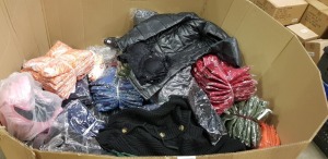 500 + PIECE MIXED CLOTHING LOT CONTAINING BROWN COATS, BLACK BRAS, PINK BACKSTRAPS, ORANGE BACKSTRAPS, BLACK PUFFER COAT, RED DRESSES ETC