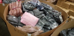 500 + PIECE MIXED CLOTHING LOT CONTAINING BROWN COATS, BLACK BRAS, PINK BACKSTRAPS, ORANGE BACKSTRAPS, BLACK PUFFER COAT, CHEQUERED SCARVES, BROWN GREY AND PINK FUR JUMPERS AND RED DRESSES ETC