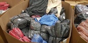 500 + PIECE MIXED CLOTHING LOT CONTAINING BROWN COATS, BLACK BRAS, PINK BACKSTRAPS, ORANGE BACKSTRAPS, BLACK PUFFER COAT, CHEQUERED SCARVES, BROWN GREY AND PINK FUR JUMPERS, PINK / RED PUFFER COATS AND RED DRESSES ETC