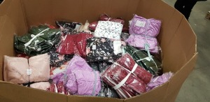 500 + PIECE MIXED CLOTHING LOT CONTAINING QUARTER ZIP FUR JUMPERS, POLKADOT TOPS, CHRISTMAS CALENDER STOCKING, WHITE BUTTONED DRESSES, WHITE AND GREY JOGGERS, LONG SLEEVE ANIMAL PRINT TOPS AND BLACK PANTS AND RED CHEQUERED SCARFS AND BACKSTRAPS ETC