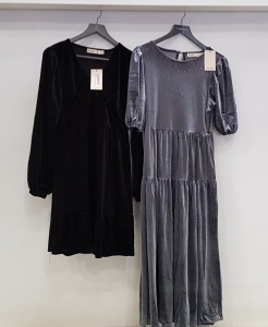 20 PIECE MIXED OASIS CLOTHING LOT CONTAININING OASIS VELVET EMPIRE LINE SKATER DRESSES IN BLACK SIZE LARGE AND 10 X GLITTER VELVET TIERED SMOCK MIDI DRESSES IN GREY SIZE MEDIUM