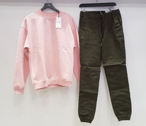 12 PIECE MIXED JACK & JONES CLOTHING LOT CONTAINING 4 X FOREST NIGHT PANTS SIZE 30R AND 8 X PINK CREWNECK SWEATERS SIZE MEDIUM