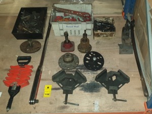 HALF BAY TO INCLUDE LARGE RIVET GUN , 90 DEGREE WELDING VICE CLAMPS , 3/4 DRIVE LARGE BRITOOL TORQUE WRENCH , AND OTHER VARIOUS CLAMPS AND METAL ATTACHMENTS IN 3 BOXES