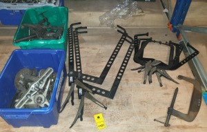 HALF BAY TO INCLUDE LARGE QUANTITY OF WELDING CLAMPS IN VARIOUS SIZES AND ANGLES , G WELDING CLAMPS , BOXES OF ASSORTED PULLERS ETC