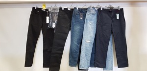 6 X BRAND NEW DESIGNER JEANS LOT CONTAINING 1X MONKEE GENES DENIM JEANS, 1X MARCO POLO DENIM JEANS, 2X EDWIN DENIM JEANS, 1X KENDALL AND KYLIE DENIM JEANS AND 1X TED BAKER PANTS IN VARIOUS SIZES