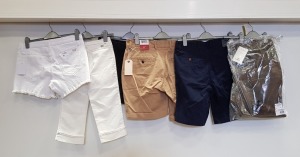 6 X BRAND NEW DESIGNER LOT CONTAINING 1X BARENA DENIM JEANS, 1X HOWICK CARGO SHORTS, TOMMY HILFIGER CARGO SHORTS, 1X JOES'S DENIM SHORTS, 1X LACOSTE DENIM 3/4 JEANS AND 1X HALLHUBER DENIM SKIRT IN VARIOUS SIZES