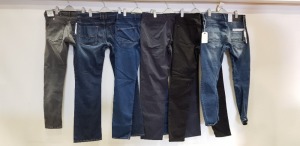 6 X BRAND NEW DESIGNER JEANS LOT CONTAINING 1X POLIOCE DENIM JEANS, 1X BLAKONST DENIM JEANS, 1X BARBOUR PANTS, 1X TED BAKER,DENIM JEANS,1X DIESEL DENIM JEANS, REPLAY DENIM JEANS IN VARIOUS SIZES