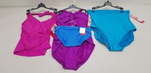 26 X BRAND NEW SPANX MIXED SWIMMING LOT CONTAINING BERRY DRAPED TANKINIS, RICH BERRY ONE PIECE SUIT, PINK FULL COVERAGE BOTTOMS, PPSAN PURPLE ONE PICE SWIM SUIT, AQUA ONE PIECE SWIM SUITS IN VARIOUS SIZES ETC