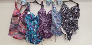 17 X BRAND NEW SPANX MIXED SWIMWEAR LOT CONTAINING SUMMER PLUMES PUSH UP TANKINIS, COLOUR WASH PUSH UP TANKINI, PAISLEY DOT CRISS CROSS TANKINIS, CHEETAH DAZE ONE PIECE SWIM SUIT AND NIGHT LIFE RUFFLE TANKINIS