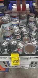 65 PIECE MIXED LOT CONTAINING THOMPSONS STAIN BLOCK DAMP SEAL, RONSEAL DIAMOND HARD TILE RED SATIN FLOOR PAINT, BLACK DIAMOND HARD DOORSTEP PAINT AND RONSEAL ONE COAT ALL SURFACE WHITE PRIMER & UNDERCOAT ETC.