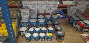 26 PIECE MIXED LOT CONTAINING EASY-TRIM TEXTURED LEAD R (450mm x 5M), EVERBUILD 5L BLACKJACK BITUMEN ROOFING EMULSION, THOMPSON 10YEAR ROOF SEAL AND EVERBUILD BLACKJACK BITUMEN & FLASHING PRIMER ETC.