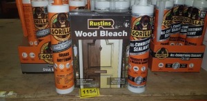 40 PIECE MIXED LOT CONTAINING 4 X BRAND NEW RUSTINGS WOOD BLEACH, 24 X BRAND NEW GORILLA ALL CONDITIONS CLEAR SEALANT AND 12 X GORILLA HEAVY DUTY GRAB ADHESIVE