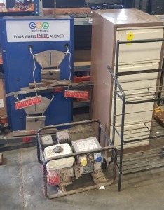 4 PIECE LOT TO INCLUDE 4 TIER FILE CABINET TO INCLUDE CAR CLEANING STUFF , ZIP TIES , FILTERS ETC , 3 TIER METAL SHELFS ON WHEELS , HONDA 5.5 GX150 PETROL GENERATOR ( PLEASE NOTE NOT TESTED ) AND INCOMPLETE KWIK-TRACK FOUR WHEEL LASER ALIGNER ( PLEASE CH