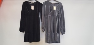 40 X BRAND NEW OASIS GREY AND BLACK VELVET EMPIRE FRILL LINE DRESSES IN SIZE UK SMALL, MEDIUM AND LARGE ETC