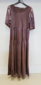 40 X BRAND NEW OASIS MAUVE GLITTER VELVET TIERED SMOCK MIDI DRESSES IN SIZE UK SMALL AND LARGE (IN 4 TRAYS)