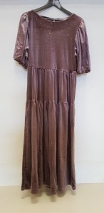 40 X BRAND NEW OASIS MAUVE GLITTER VELVET TIERED SMOCK MIDI DRESSES IN SIZE UK MEDIUM AND XL (IN 4 TRAYS)